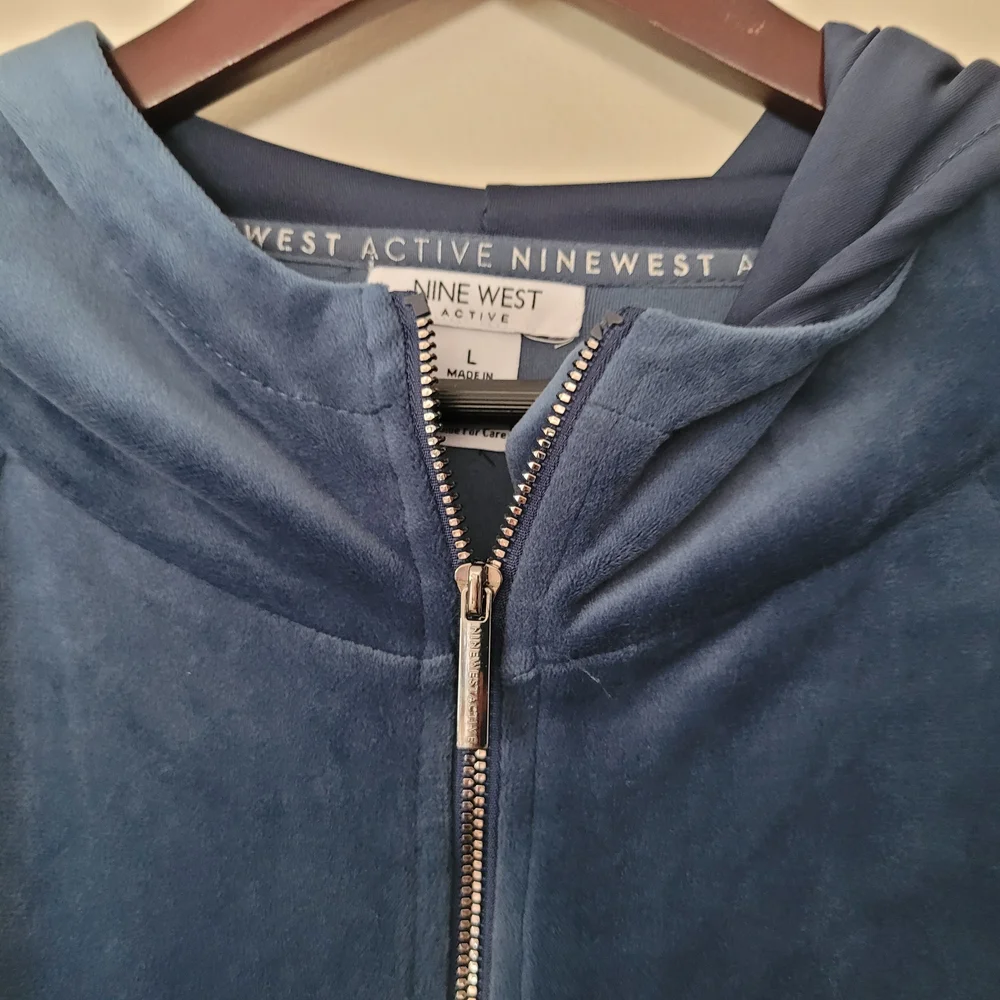 Nine West Blue Velour Zip-Up Hoodie Spring Soft Everyday Lounge Drawstring Waist - Picture 4 of 6